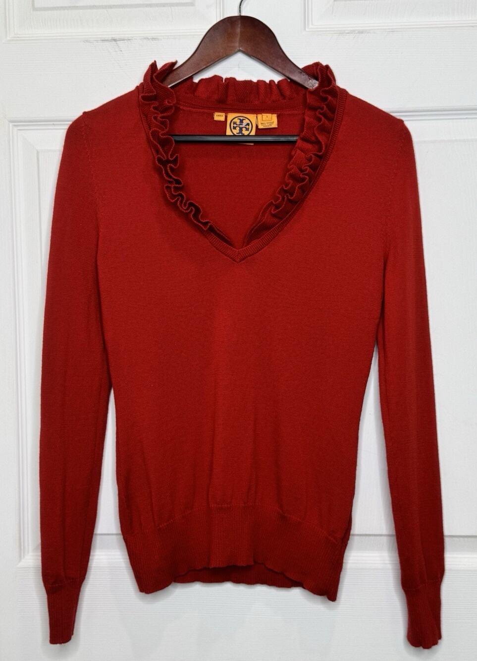 Tory Burch Red Merino Wool V-Neck Sweater Ruffle Collar Size Small